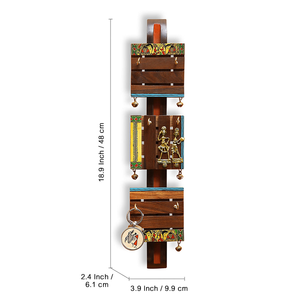 'Brass, Wood & Colours' Madhubani Handpainted Dhokra Art Key Holder In Sheesham & Teak Wood (6 Hooks)