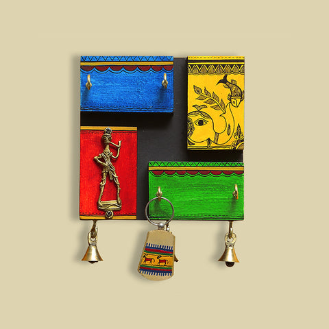 'In-Key-Geneous' Warli Handpainted Wooden Key Holder with Dhokra Art  (5 Hooks)