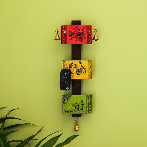 'Panels Of Paintings' Warli Handpainted Key Holder In Pine & Teak Wood (6 Hooks)