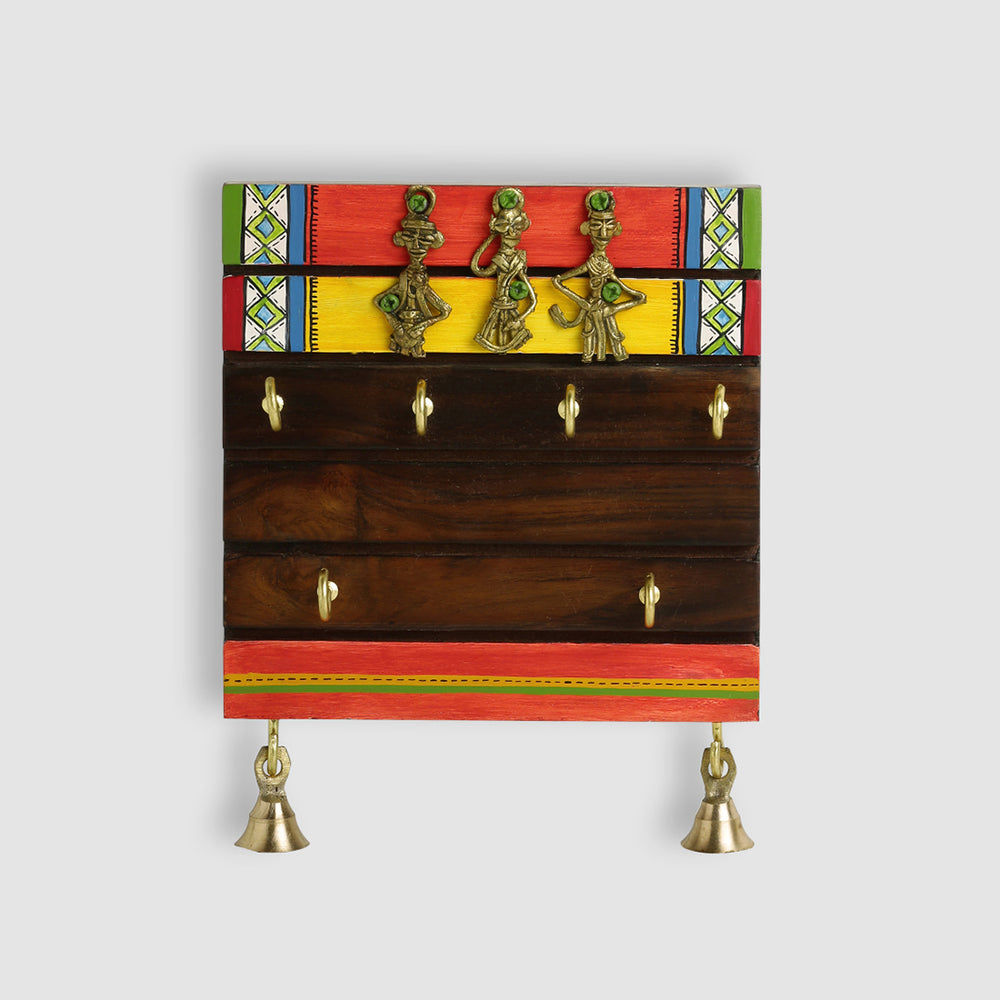 'Tribal Borders' Warli Handpainted Sheesham Wood Key Holder with Dhokra Art (6 Hooks)