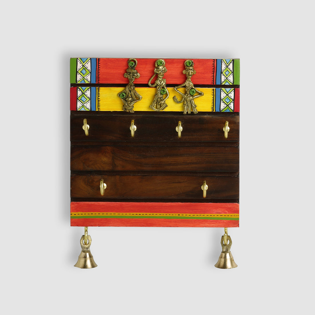 'Tribal Borders' Warli Handpainted Sheesham Wood Key Holder with Dhokra Art (6 Hooks)