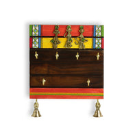 'Tribal Borders' Warli Handpainted Sheesham Wood Key Holder with Dhokra Art (6 Hooks)