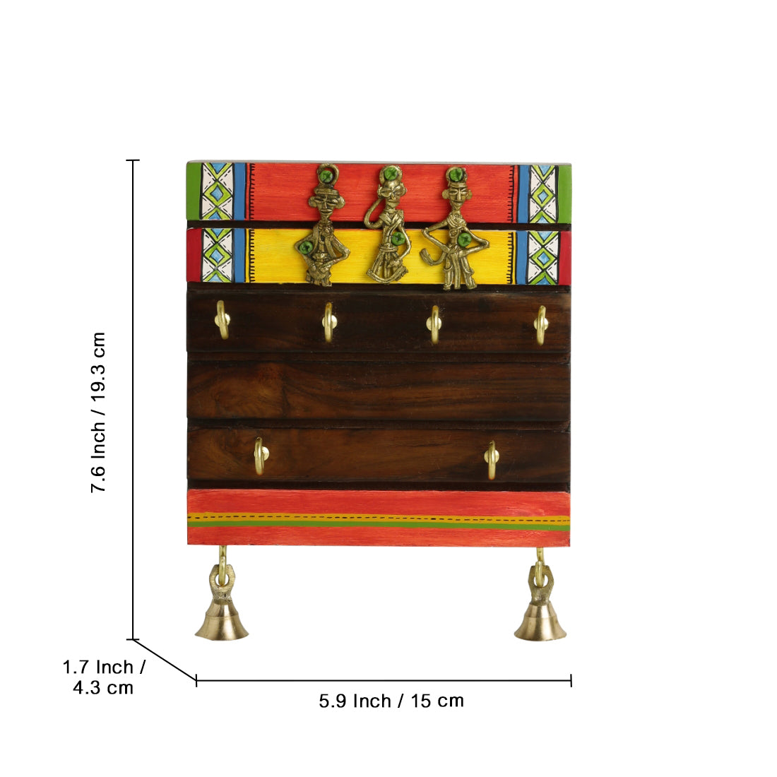 'Tribal Borders' Warli Handpainted Sheesham Wood Key Holder with Dhokra Art (6 Hooks)