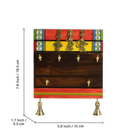 'Tribal Borders' Warli Handpainted Sheesham Wood Key Holder with Dhokra Art (6 Hooks)