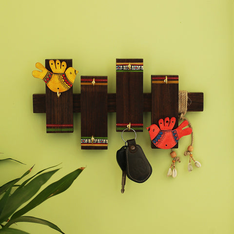 'Birds On Planks' Warli Handpainted Sheesham Wood Key Holder (6 Hooks)