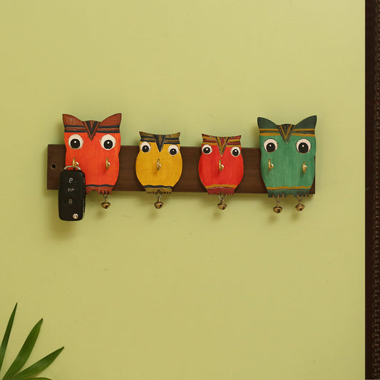 'Owl Family' Decorative Mango Wood Key Holder (6 Hooks)