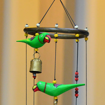 Handmade & Handpainted Wooden Decorative Wind Chime with Parrots