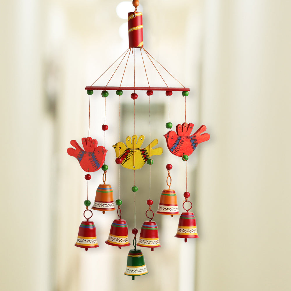 ‘Clinkering Songbirds’ Handpainted Decorative Wind Chime In Metal & Wood