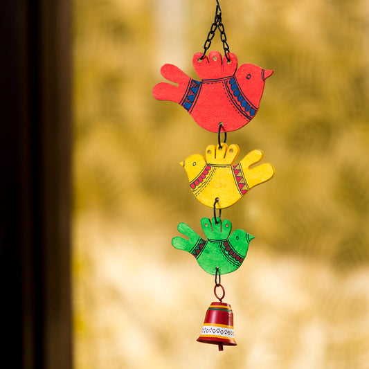 ‘Feathered Friends’ Handpainted Decorative Wind Chime In Metal & Wood