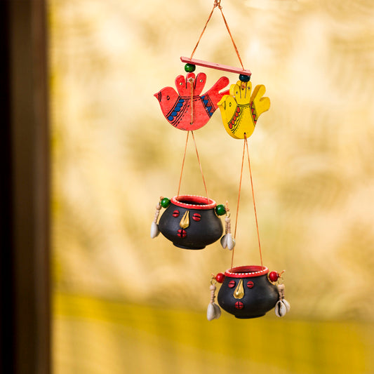 ‘Nesting Pot-Faces’ Handpainted Bird Decorative Hanging In Terracotta & Wood