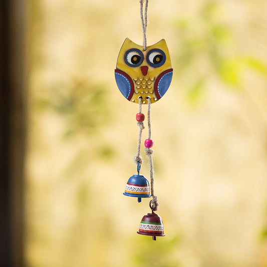 Owl Motif' Decorative Pine Wooden Hanging Wind Chime (with 2 Metal Bells)