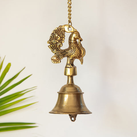 'Elegant Peacock' Hand-Etched Decorative Hanging Bell In Brass