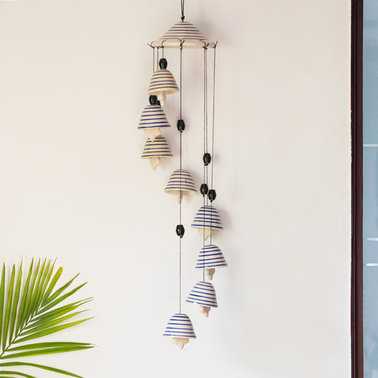 'Monochrome Symphonies' Handpainted Decorative Hanging Bells Wind Chime In Ceramic (24 Inch)