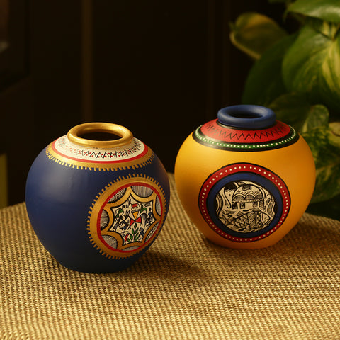 Warli & Madhubani Handpainted Terracotta Vases (Set of 2)