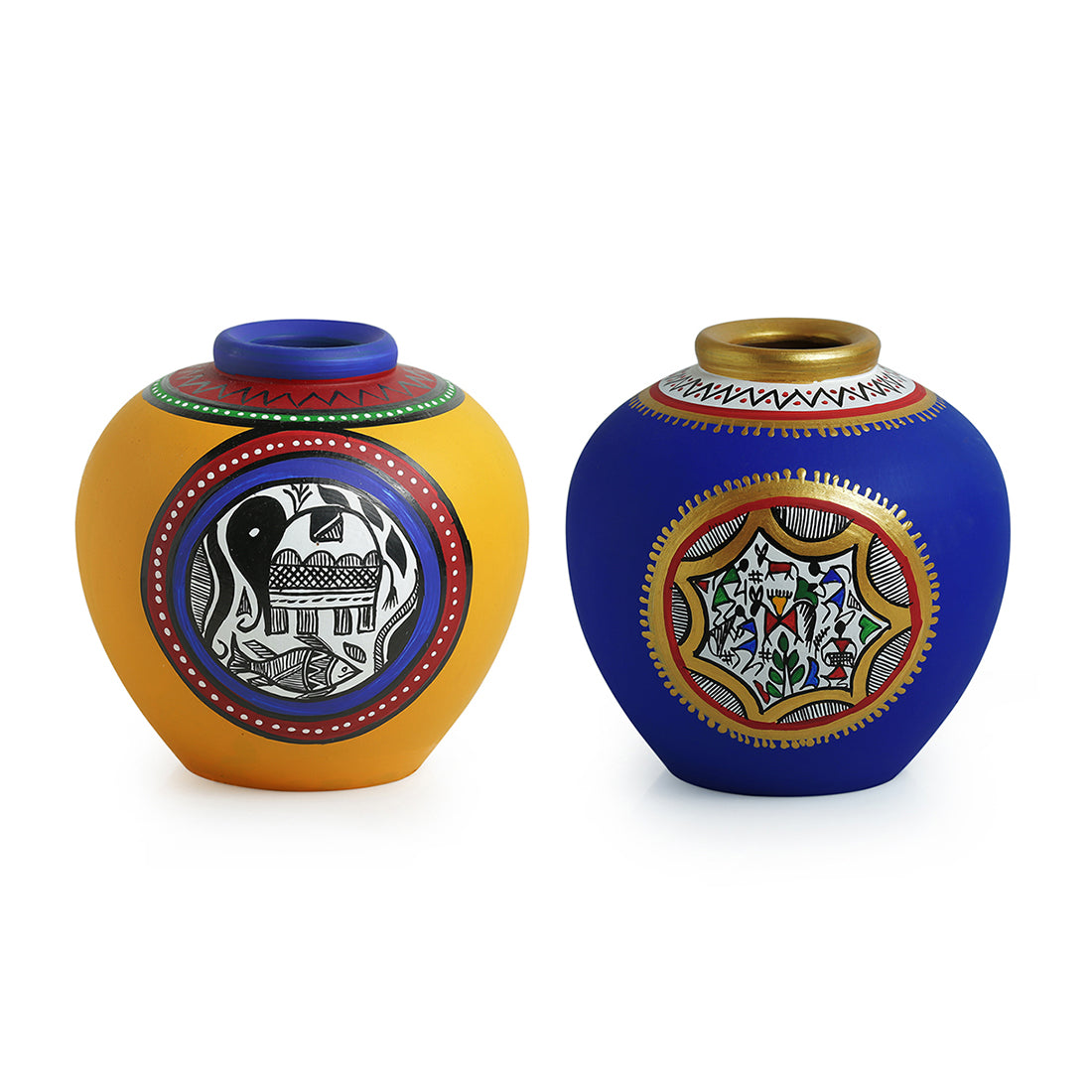 Warli & Madhubani Handpainted Terracotta Vases (Set of 2)
