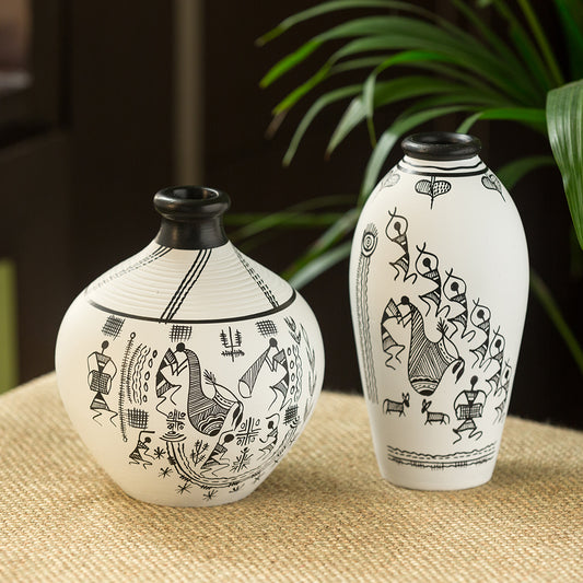 Warli Handpainted Terracotta Vases (Set of 2)