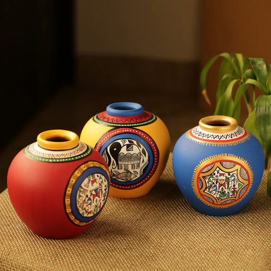 Warli & Madhubani Handpainted Terracotta Vases (Set Of 3)