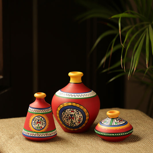 'Warli Red Matkis' Handpainted Terracotta Vases (Set of 3)