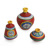 'Warli Red Matkis' Handpainted Terracotta Vases (Set of 3)