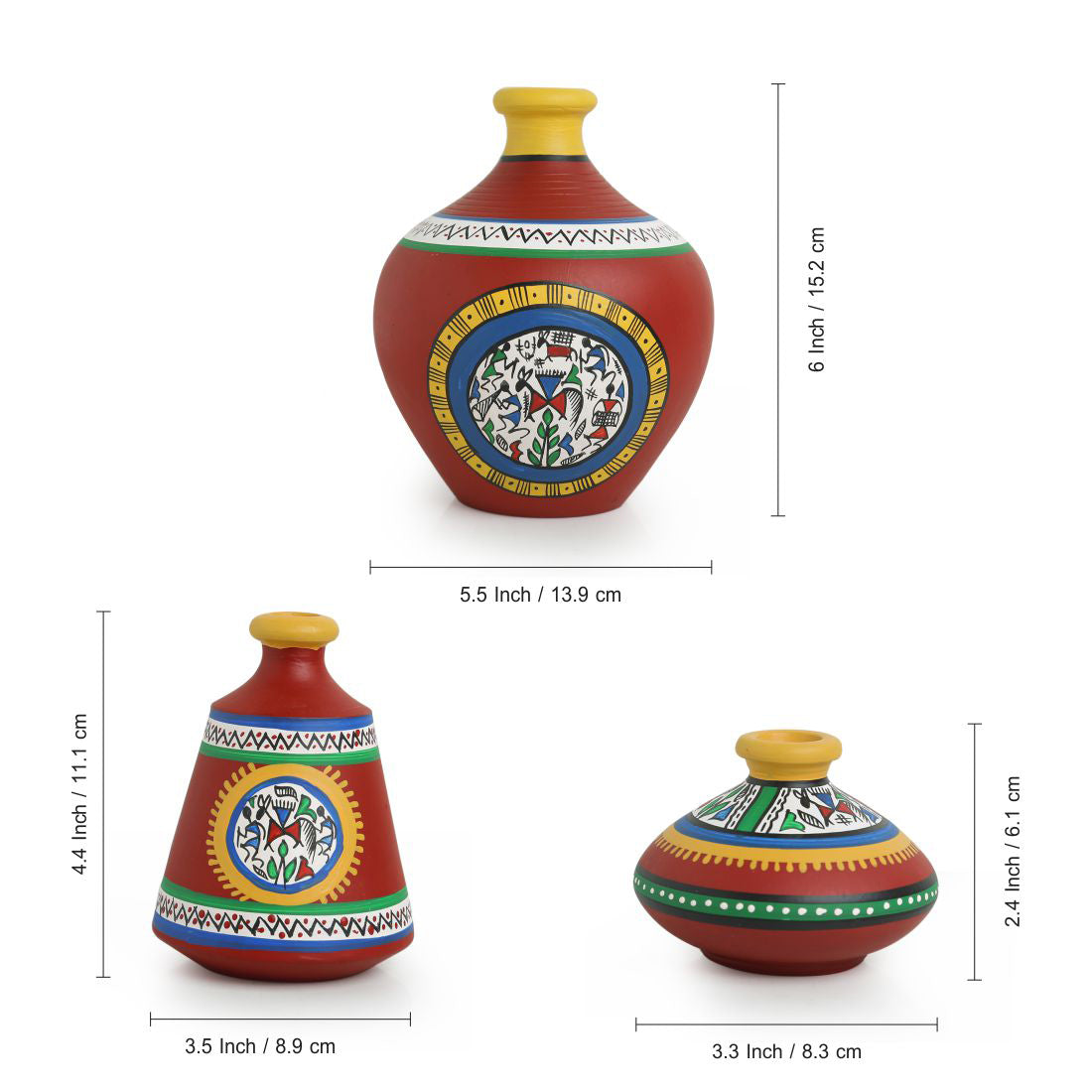 'Warli Red Matkis' Handpainted Terracotta Vases (Set of 3)