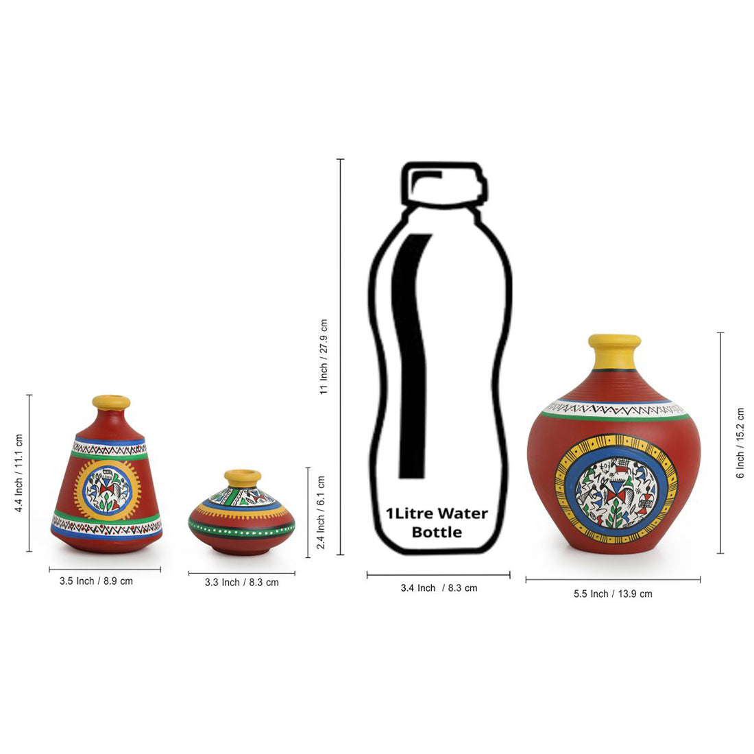 'Warli Red Matkis' Handpainted Terracotta Vases (Set of 3)