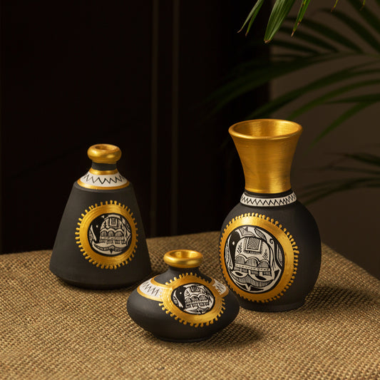 'Madhubani Jet Black Matkis & Urn' Handpainted Terracotta Vases (Set of 3)