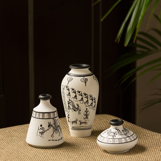 'Warli White Matkis' Handpainted Terracotta Vases (Set of 3)