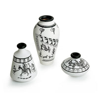 'Warli White Matkis' Handpainted Terracotta Vases (Set of 3)