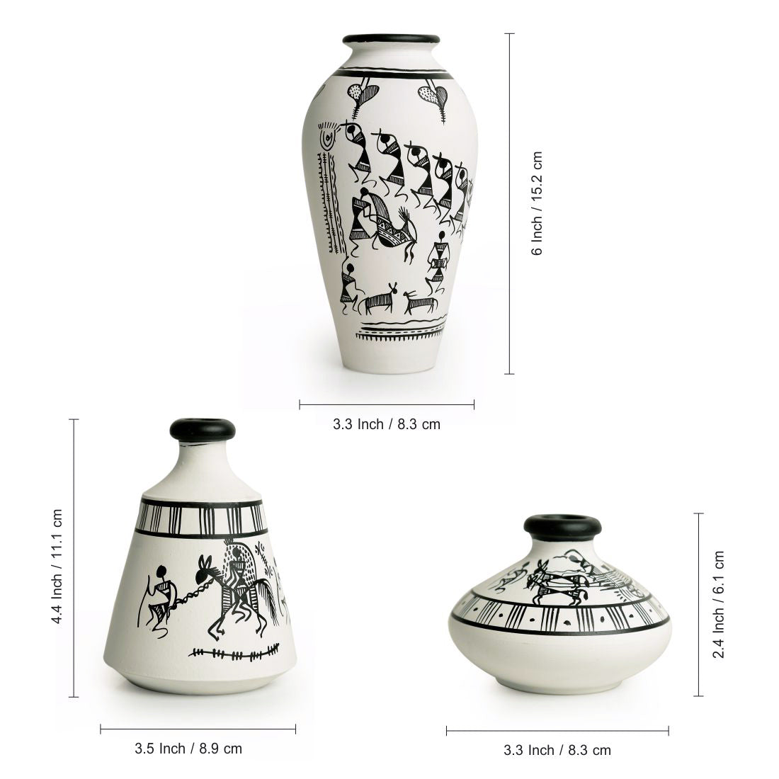 'Warli White Matkis' Handpainted Terracotta Vases (Set of 3)