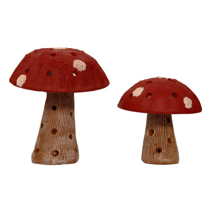 Handpainted Terracotta Garden Mushroom (Set of 2 - In Red)