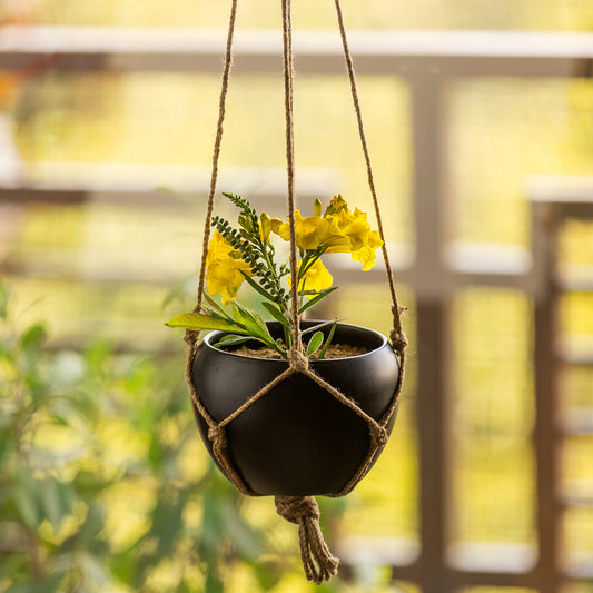 'Black Goblet' Metal Handpainted Hanging Planter Pot with Jute