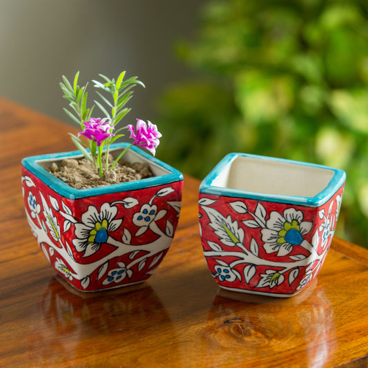 'Mughal Roots' Floral Handpainted Ceramic Planter Pots (Set of 2)