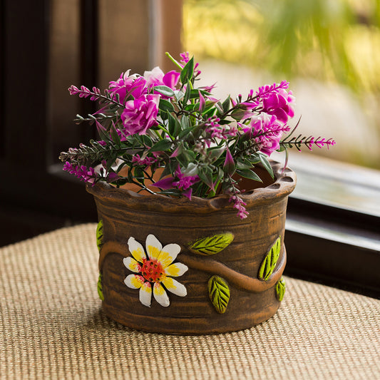 'Mud Blossoms' Handmade & Handpainted Terracotta Planter Pot (4 Inch)