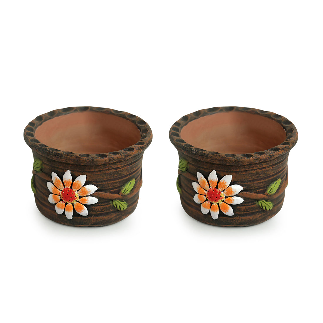 'Mud Blossom Pair' Handmade & Handpainted Terracotta Planter Pots (4 Inch, Set of 2)
