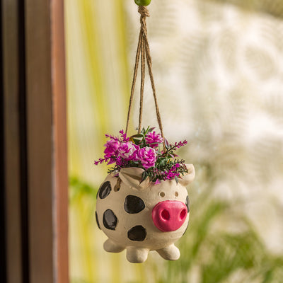 'Aerial Piggy' Handmade & Handpainted Terracotta Hanging Planter Pot (5.5 Inch)