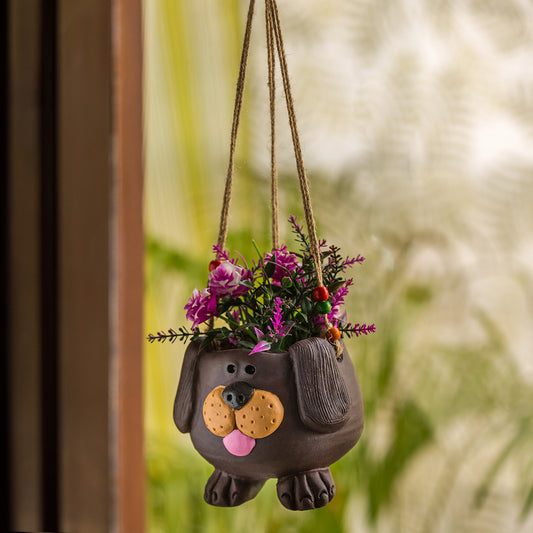 'Swinging Dog' Handmade & Handpainted Terracotta Hanging Planter Pot (5.5 Inch)