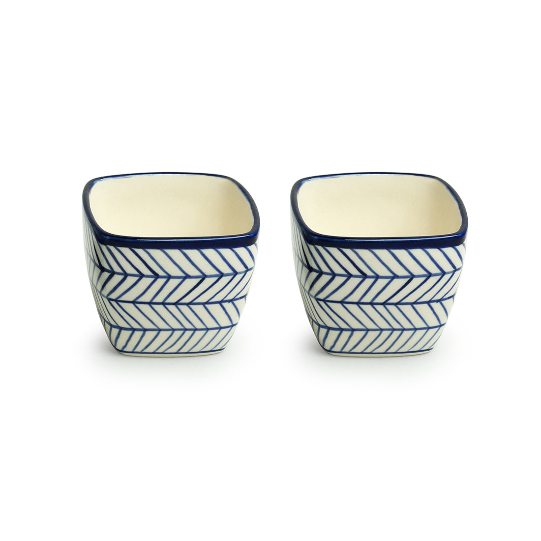 'Indigo Chevron Duo' Handpainted Ceramic Cuboidal Table Planter Pots (3.7 Inch, Set of 2)of 2)