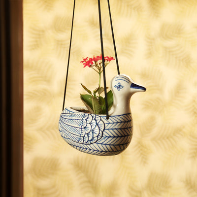 'Indigo Chevron Duck' Handpainted Ceramic Hanging Planter Pot (6 Inch)