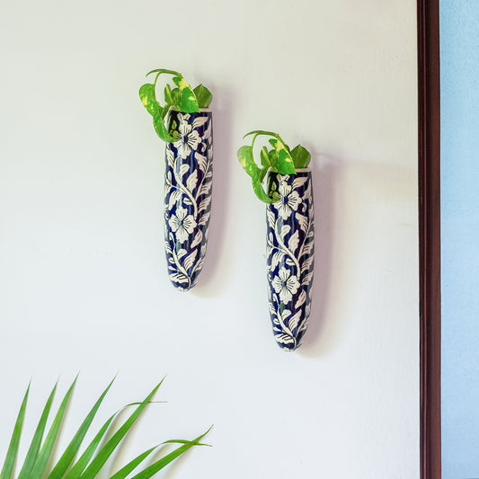 'Midnight Bloom' Handpainted Ceramic Wall Planter Pots (Set of 2)