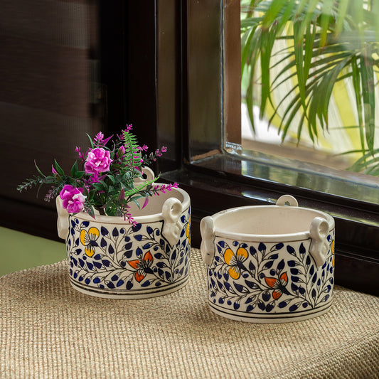 'Indigo Vines' Handpainted Ceramic Table Planter Pots (Set of 2)