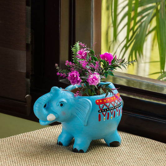 'Enchanting Elephant' Handmade & Handpainted Terracotta Planter Pot (8 Inch)