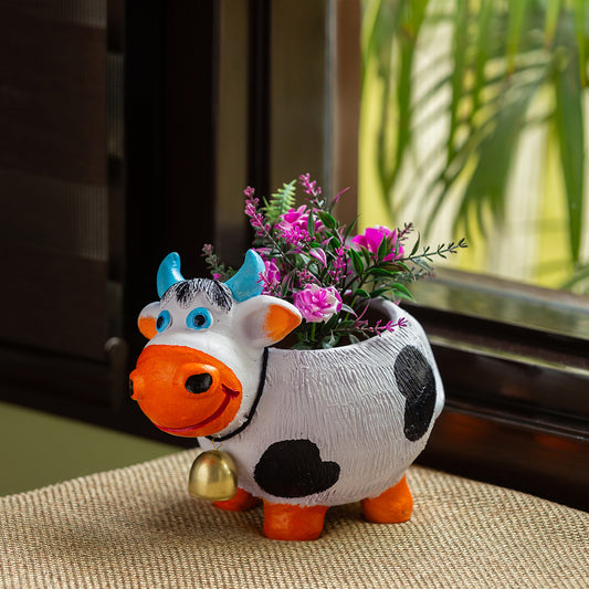 'Playful Cow' Handmade & Handpainted Terracotta Planter Pot (8 Inch)