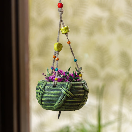 'Nature's Basket' Handmade & Handpainted Terracotta Hanging Planter Pot (7 Inch)