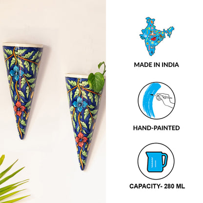 'Floral Cones' Handpainted Wall Planter Pots In Ceramic (Set of 2)