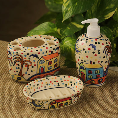 'The Hut Essentials' Handpainted Ceramic Bathroom Accessory (Set Of 3)