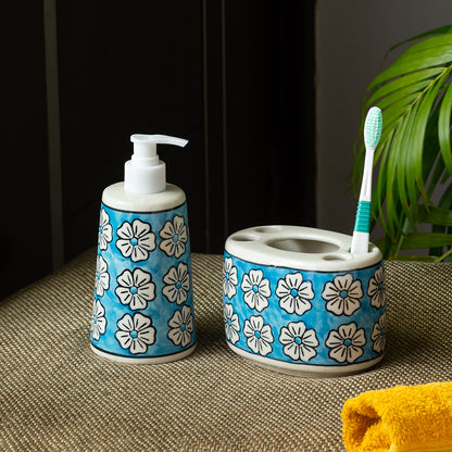 'Turquoise Mogra' Handpainted Bathroom Accessory Set In Ceramic (Liquid Soap Dispenser, Toothbrush Holder)
