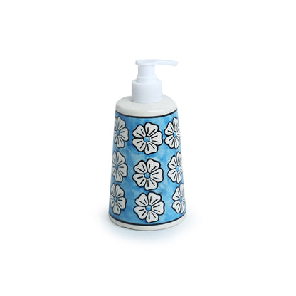 'Turquoise Mogra' Handpainted Bathroom Accessory Set In Ceramic (Liquid Soap Dispenser, Toothbrush Holder)