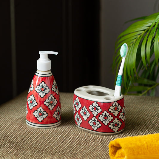 'Crimson Lily' Handpainted Bathroom Accessory Set In Ceramic (Liquid Soap Dispenser, Toothbrush Holder)