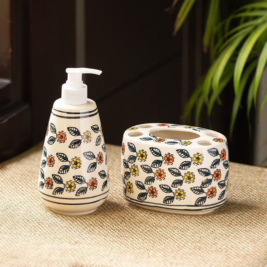 'Cozy Crossandras' Handpainted Bathroom Accessory Set In Ceramic (Liquid Soap Dispenser, Toothbrush Holder)