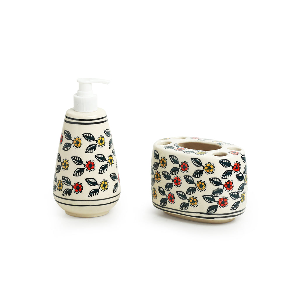 'Cozy Crossandras' Handpainted Bathroom Accessory Set In Ceramic (Liquid Soap Dispenser, Toothbrush Holder)